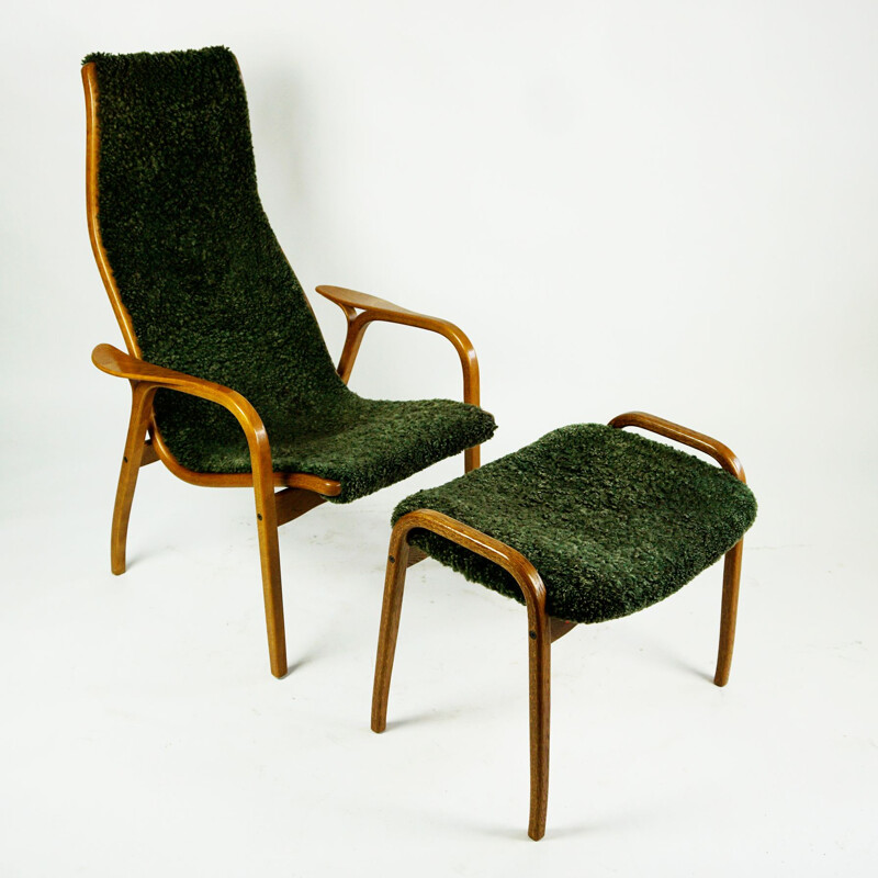 Vintage green sheepskin Lamino lounge chair with ottoman by Yngve Ekstrom for Swedese, 1970s