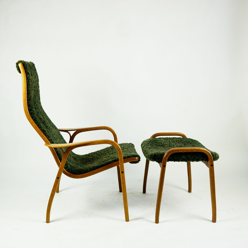 Fauteuil lounge avec ottoman vintage Lamino en peau de mouton verte par Yngve Ekstrom pour Swedese, 1970