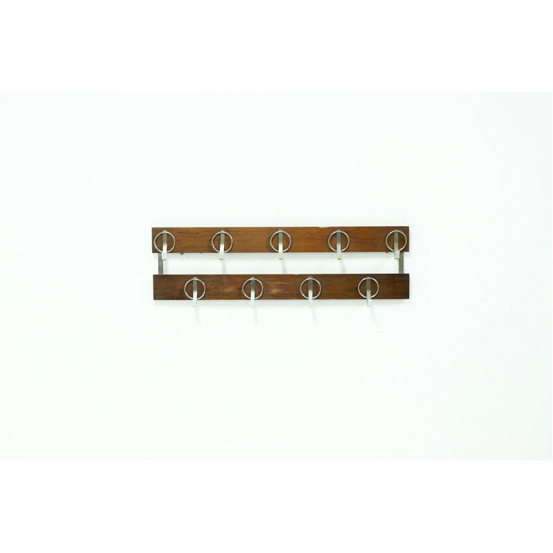 Vintage wall mounted chromed steel and wooden coat rack, 1960s