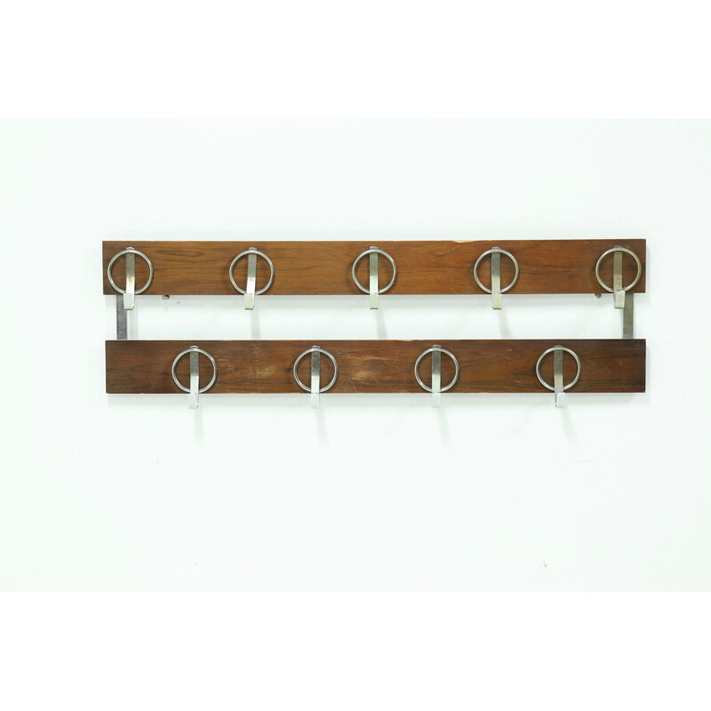 Vintage wall mounted chromed steel and wooden coat rack, 1960s