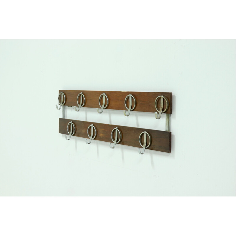 Vintage wall mounted chromed steel and wooden coat rack, 1960s