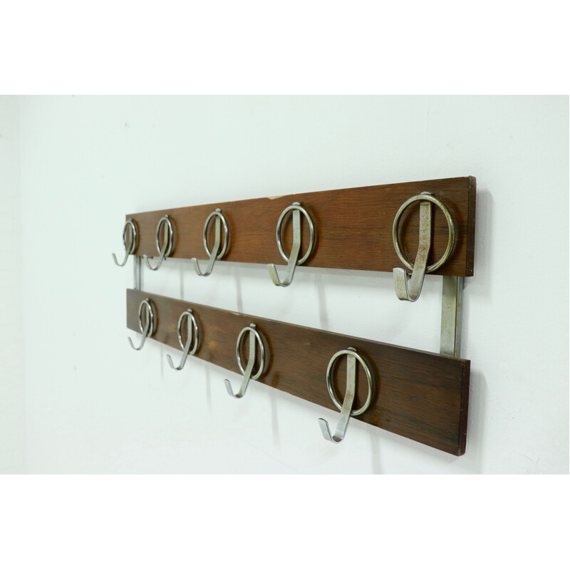 Vintage wall mounted chromed steel and wooden coat rack, 1960s