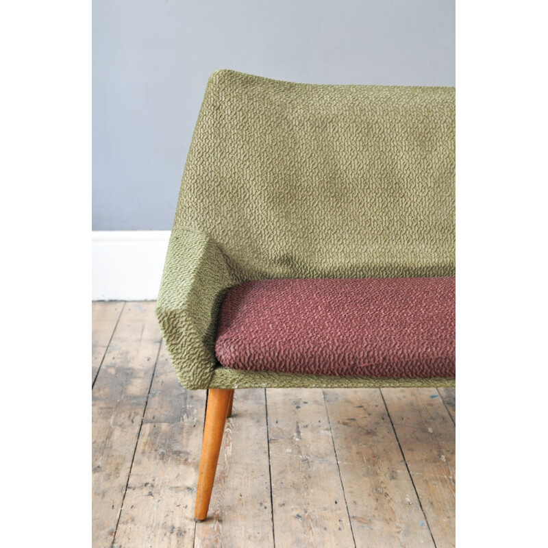 Dutch 2-seater sofa in beech and green and purple fabric - 1960s