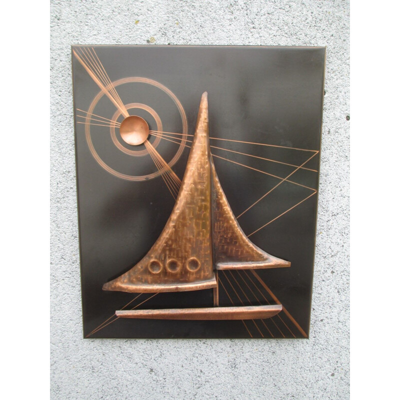 Vintage art space sailboat in copper, Germany 1950