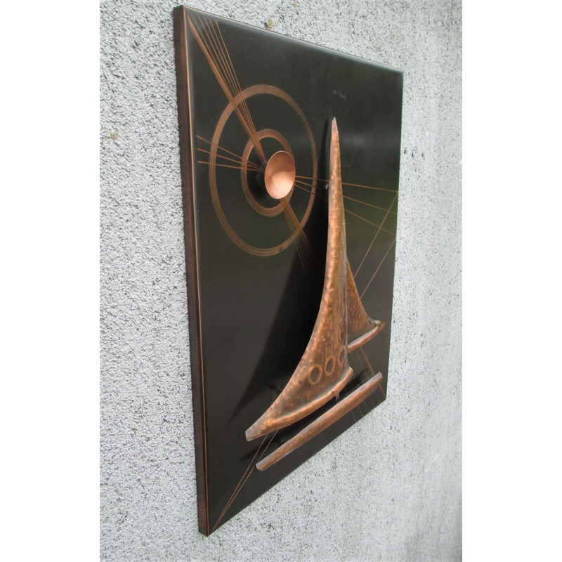 Vintage art space sailboat in copper, Germany 1950