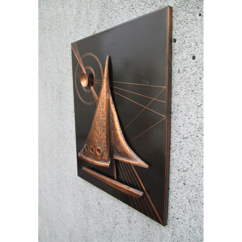 Vintage art space sailboat in copper, Germany 1950