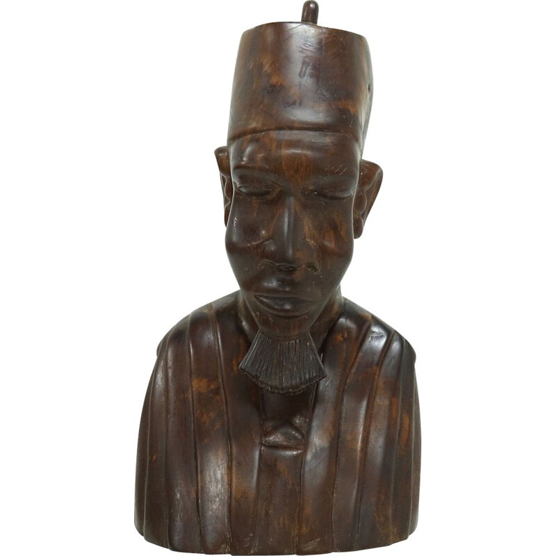 Sculpture de buste d'homme africain vintage en acajou, 1950