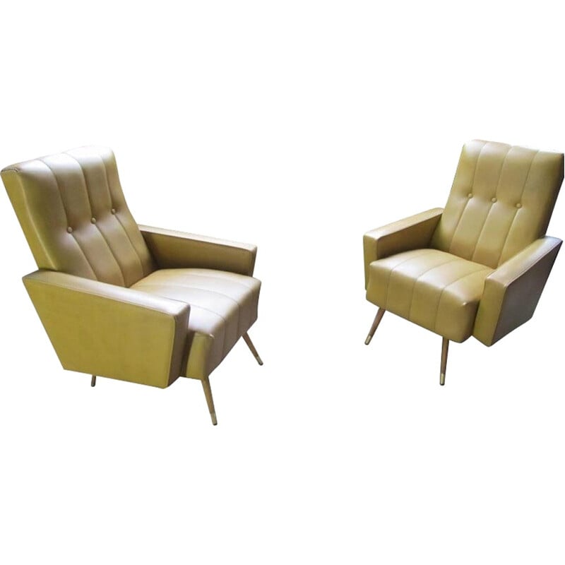 Pair of Italian lounge chairs in mustard leatherette and wood - 1960s