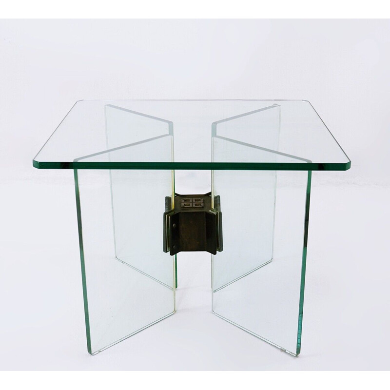Table basse vintage en verre et laiton par Peter Ghyczy, 1970