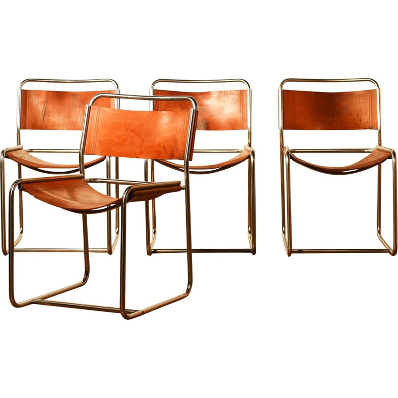 Set of 4 't Spectrum dining chairs in brown leather, Paul IBENS & Clair BATAILLE - 1970s