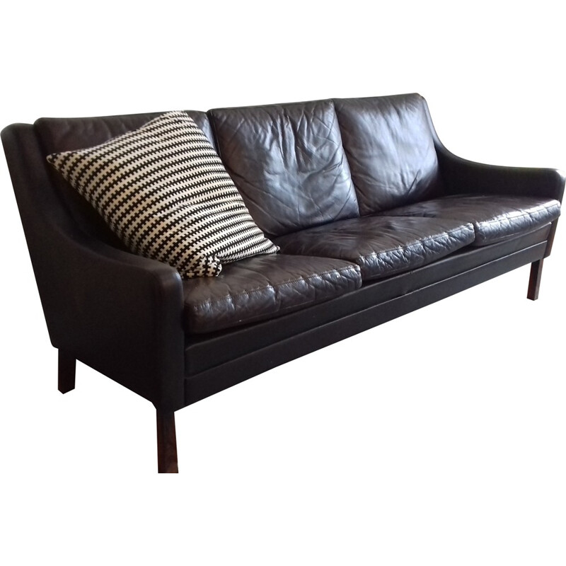 Scandinavian 3-seater sofa in brown leather and rosewood - 1960s