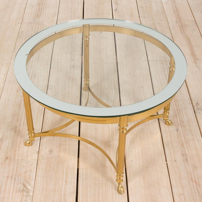 Brass and glass french vintage round coffee table by Maison Charles, 1970s