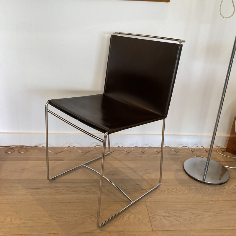 Set of 4 vintage leather and steel chairs by Pascal Mourgue for Ligne Roset