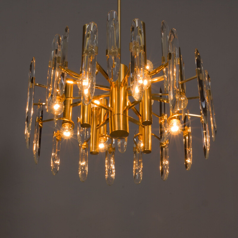 Italian mid century chandelier in brass and crystals by Gaetano Sciolari, 1960-1970s