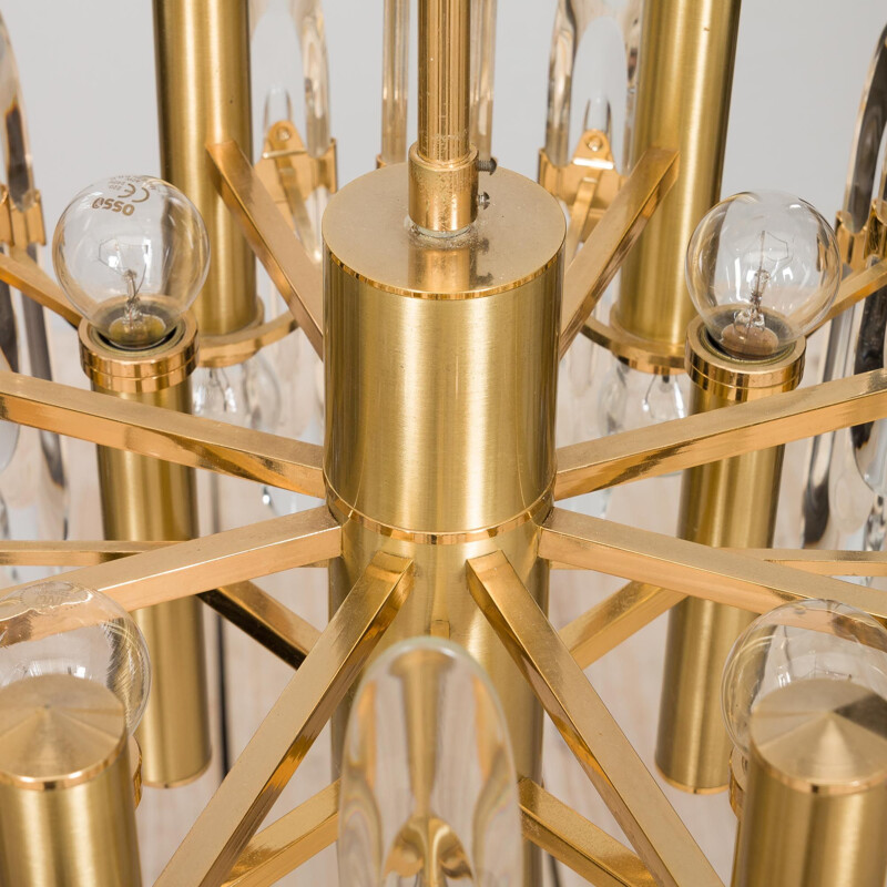 Italian mid century chandelier in brass and crystals by Gaetano Sciolari, 1960-1970s