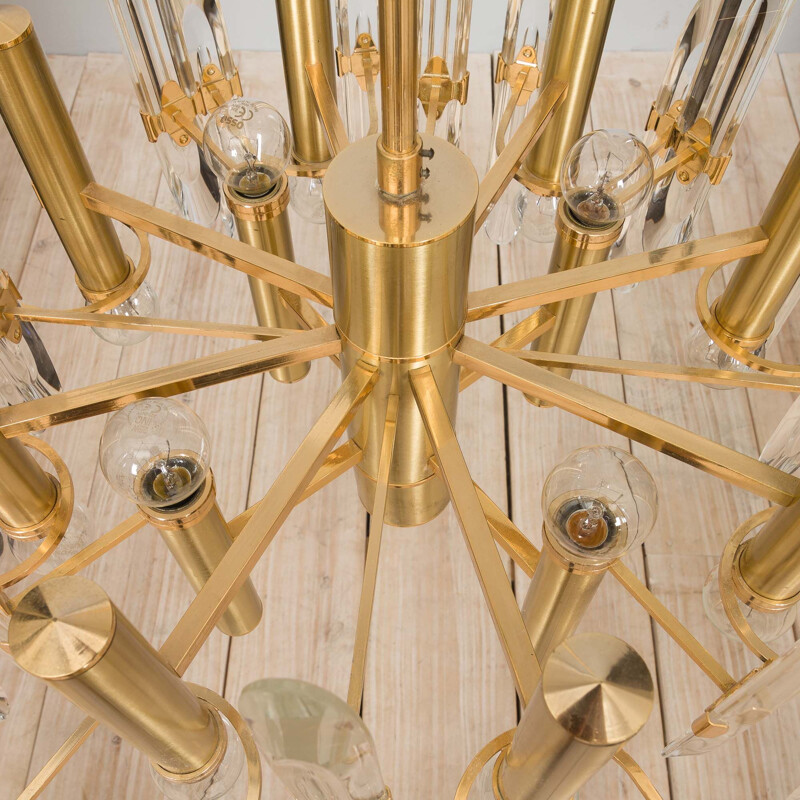 Italian mid century chandelier in brass and crystals by Gaetano Sciolari, 1960-1970s