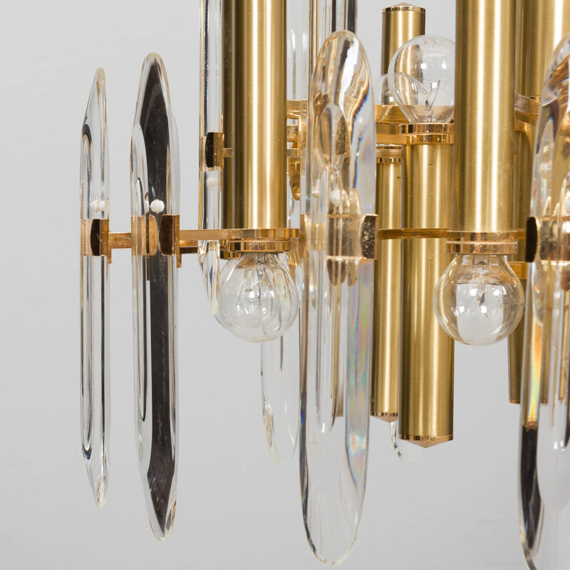 Italian mid century chandelier in brass and crystals by Gaetano Sciolari, 1960-1970s