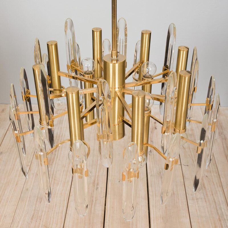 Italian mid century chandelier in brass and crystals by Gaetano Sciolari, 1960-1970s