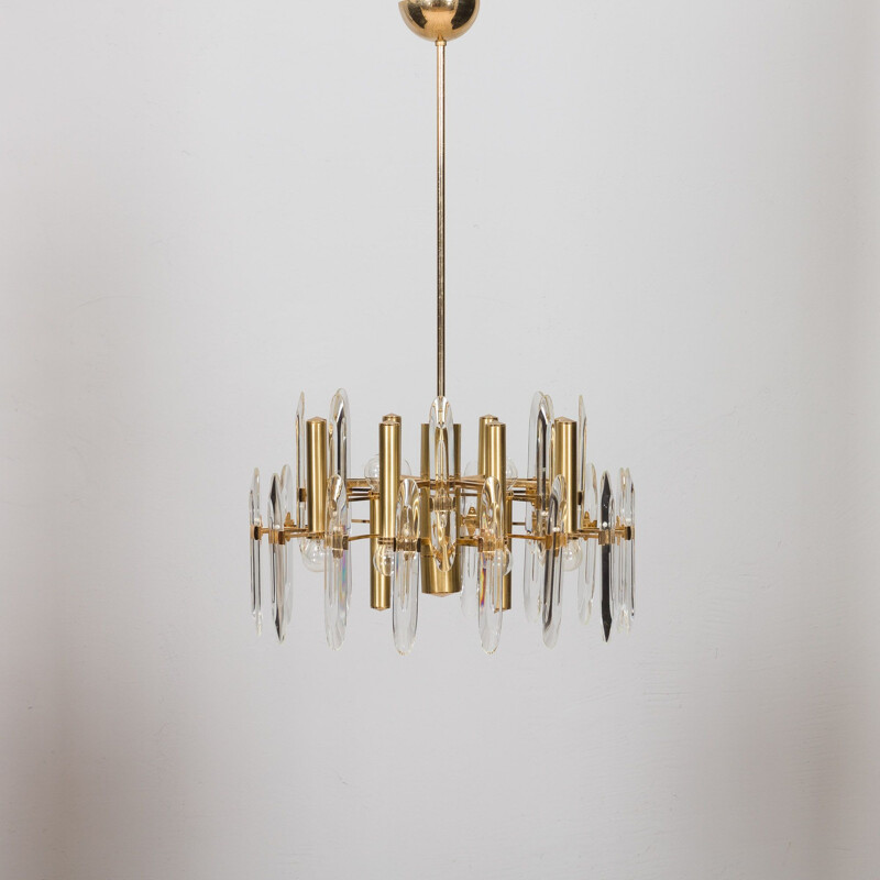 Italian mid century chandelier in brass and crystals by Gaetano Sciolari, 1960-1970s