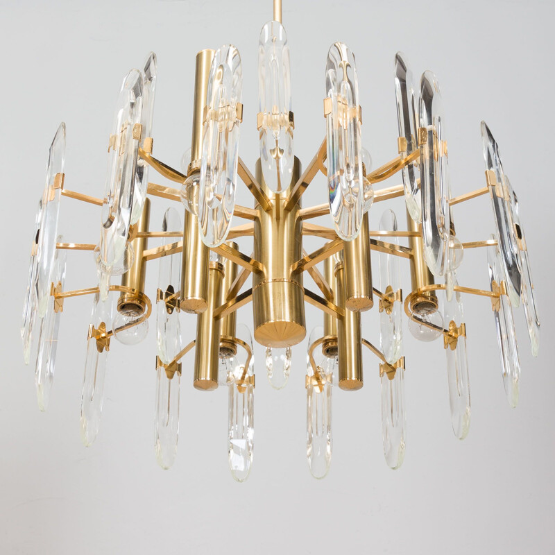 Italian mid century chandelier in brass and crystals by Gaetano Sciolari, 1960-1970s