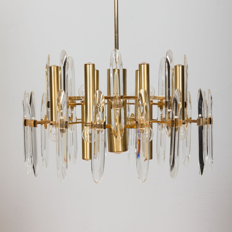 Italian mid century chandelier in brass and crystals by Gaetano Sciolari, 1960-1970s