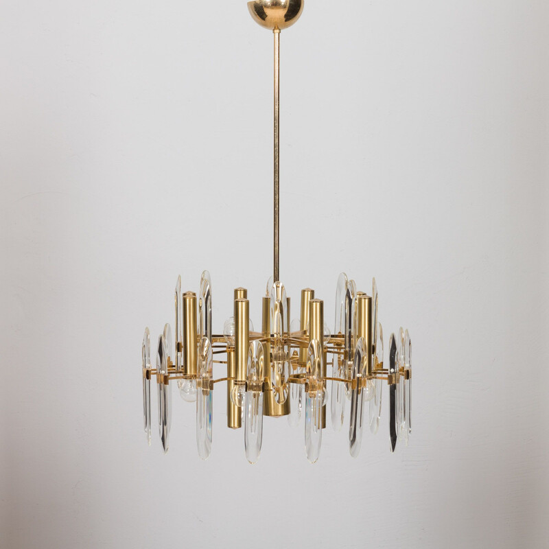 Italian mid century chandelier in brass and crystals by Gaetano Sciolari, 1960-1970s