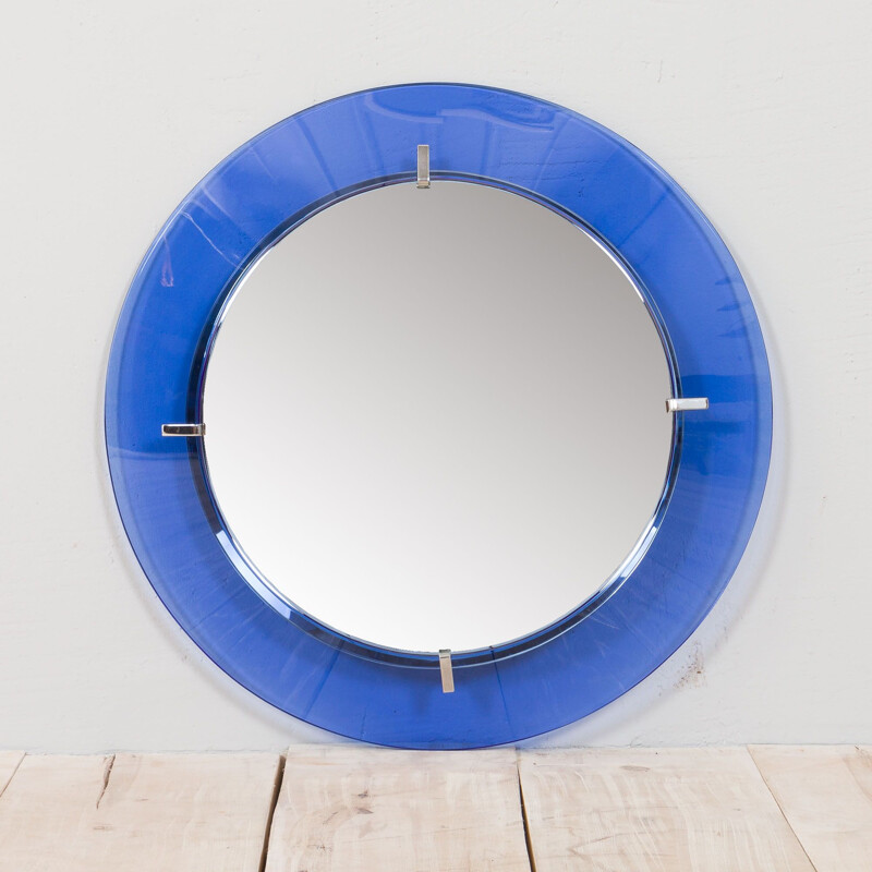 Round vintage mirror with blue cobalt glass frame by Max Ingrand for Fontana Arte, Italy 1950s