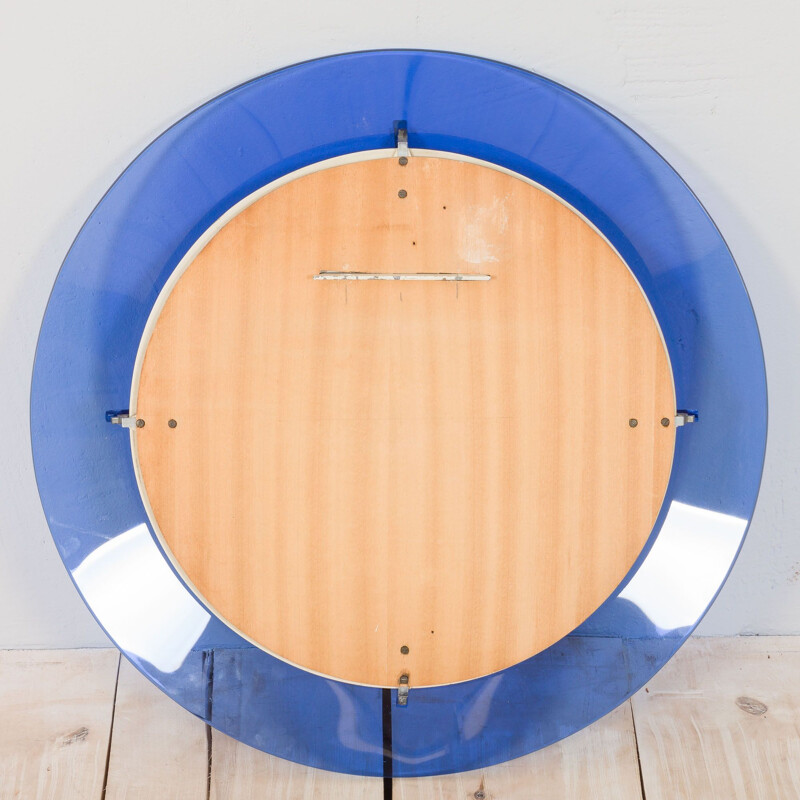 Round vintage mirror with blue cobalt glass frame by Max Ingrand for Fontana Arte, Italy 1950s