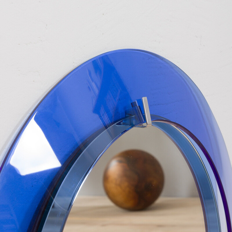Round vintage mirror with blue cobalt glass frame by Max Ingrand for Fontana Arte, Italy 1950s