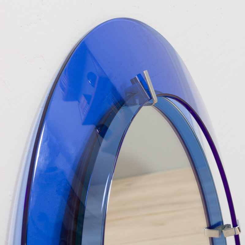 Round vintage mirror with blue cobalt glass frame by Max Ingrand for Fontana Arte, Italy 1950s
