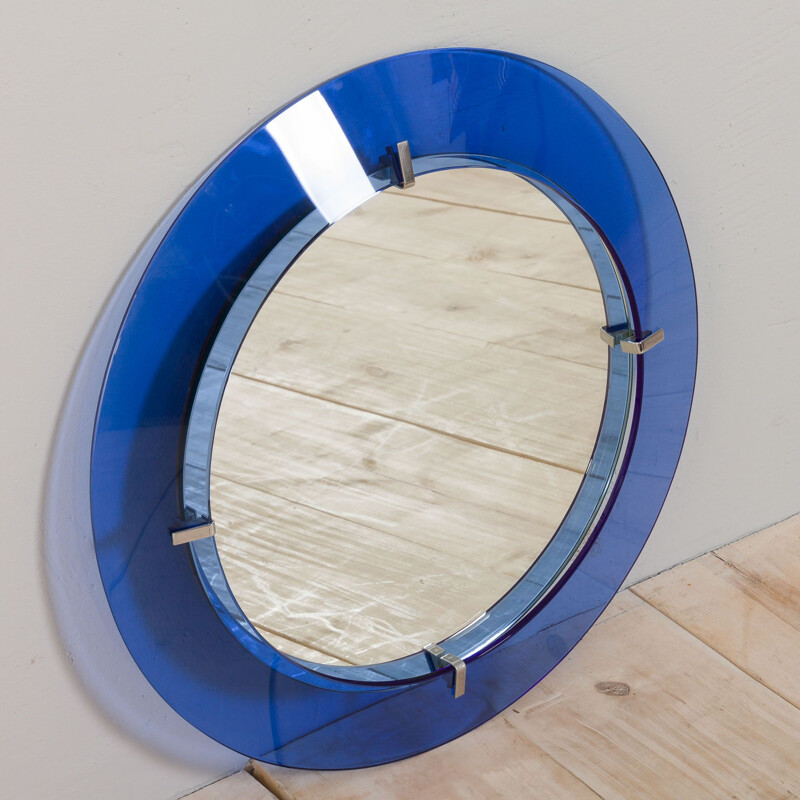 Round vintage mirror with blue cobalt glass frame by Max Ingrand for Fontana Arte, Italy 1950s