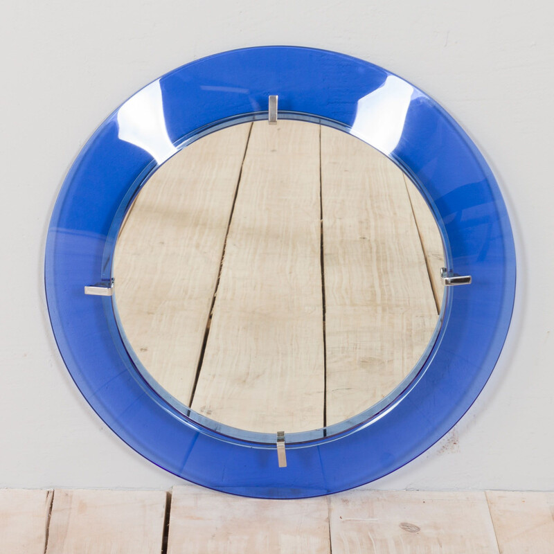 Round vintage mirror with blue cobalt glass frame by Max Ingrand for Fontana Arte, Italy 1950s