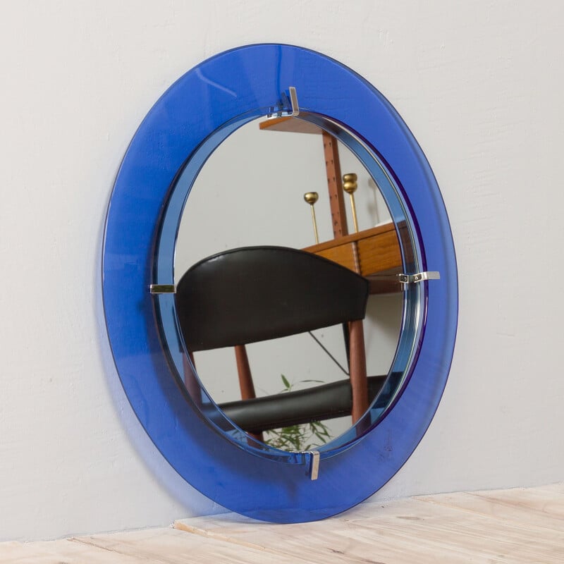 Round vintage mirror with blue cobalt glass frame by Max Ingrand for Fontana Arte, Italy 1950s