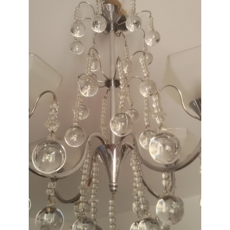 Mid-century chandelier in glass and chromed metal - 1940s