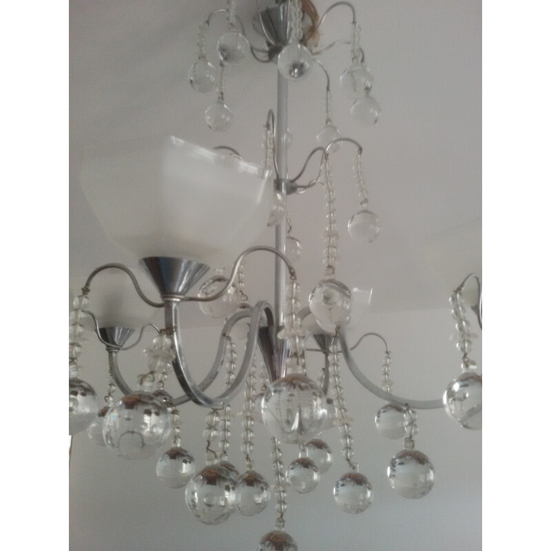 Mid-century chandelier in glass and chromed metal - 1940s