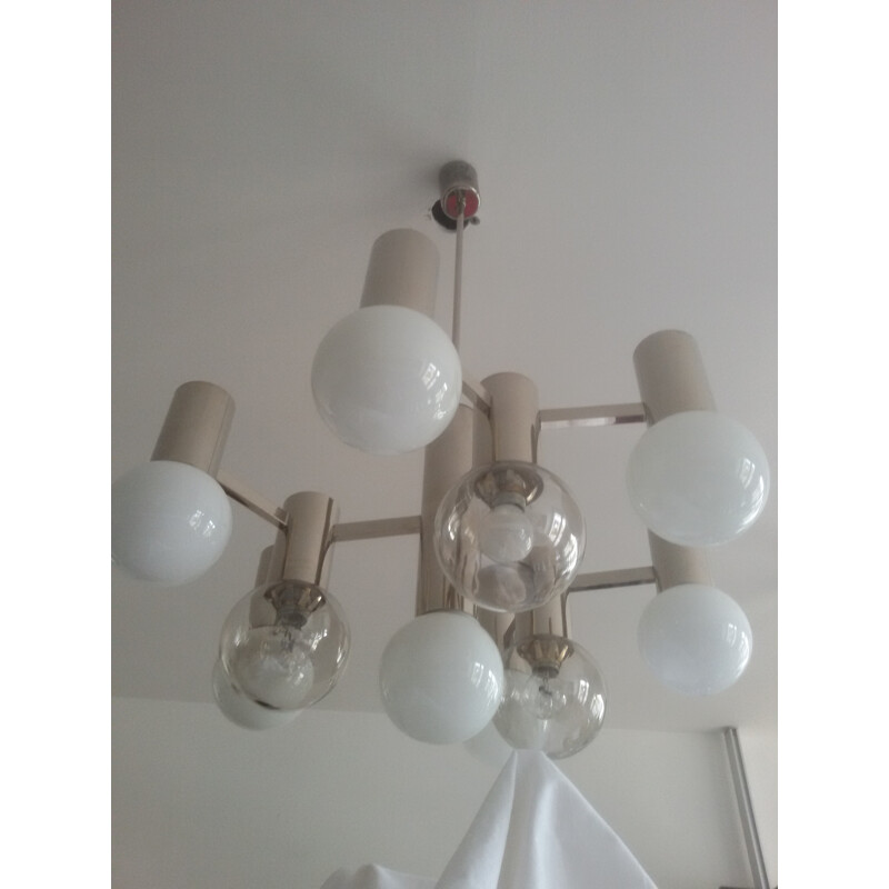 Italian "Sputnik" chandelier in nickel and white opaline, Gaetano SCIOLARI - 1960s