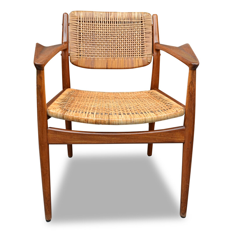 Vintage teak and rattan model 51 armchair by Arne Vodder for Sibast, 1950