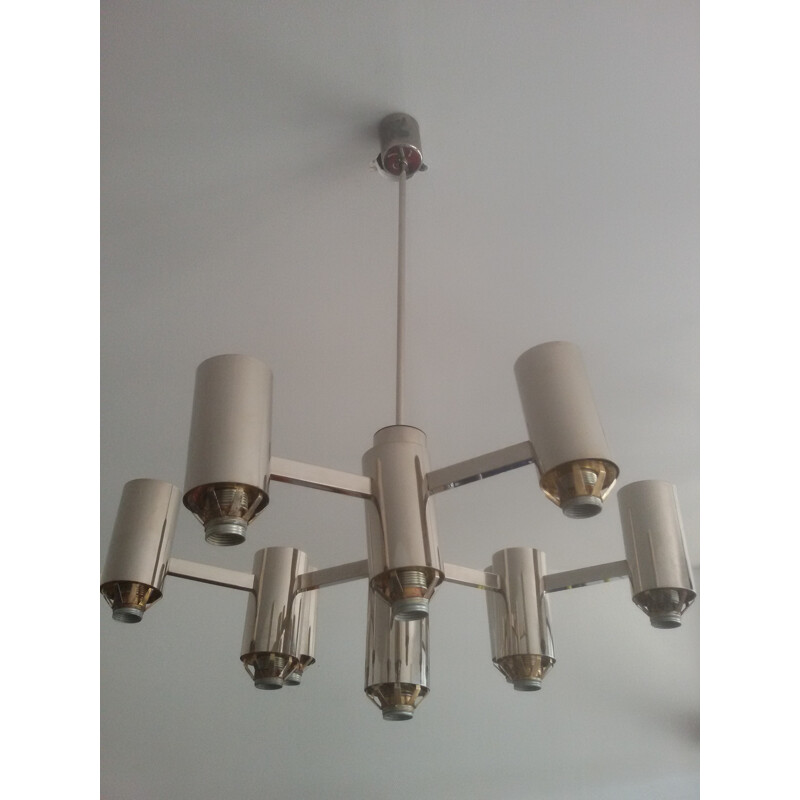 Italian "Sputnik" chandelier in nickel and white opaline, Gaetano SCIOLARI - 1960s