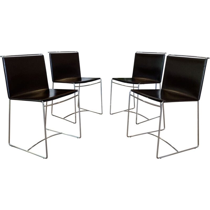 Ensemble de 4 chaises vintage en cuir et acier par Pascal Mourgue pour Ligne Roset