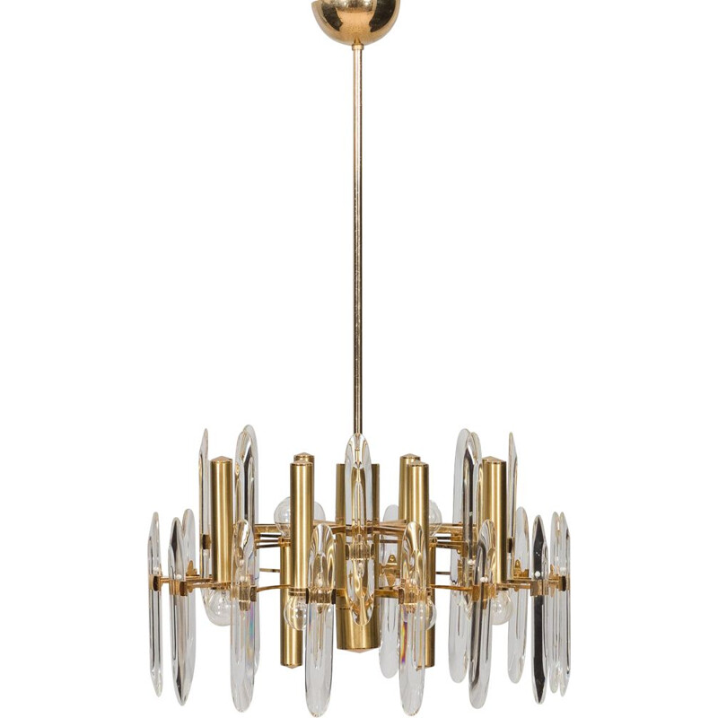 Italian mid century chandelier in brass and crystals by Gaetano Sciolari, 1960-1970s