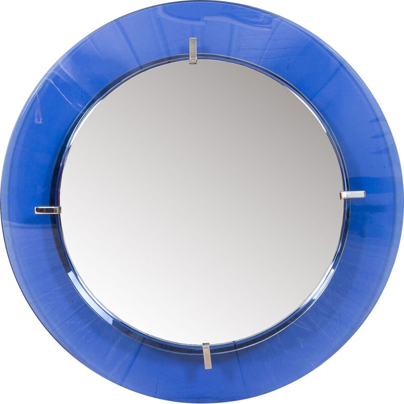 Round vintage mirror with blue cobalt glass frame by Max Ingrand for Fontana Arte, Italy 1950s