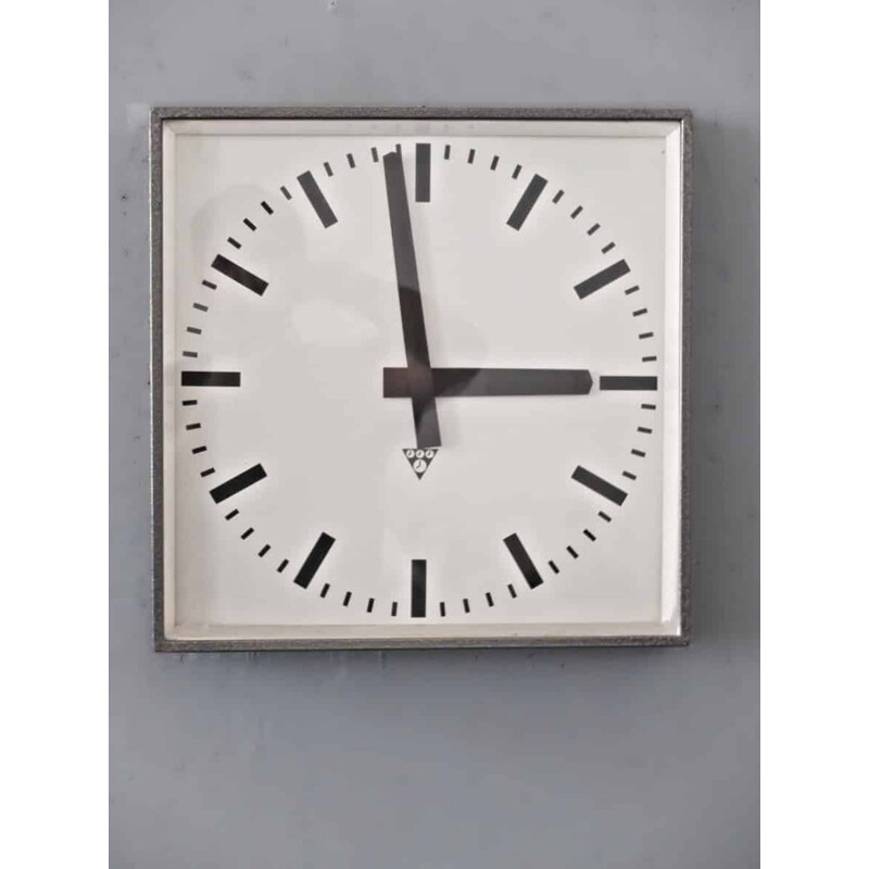 Square Czech Pragotron factory clock in metal and glass - 1960s