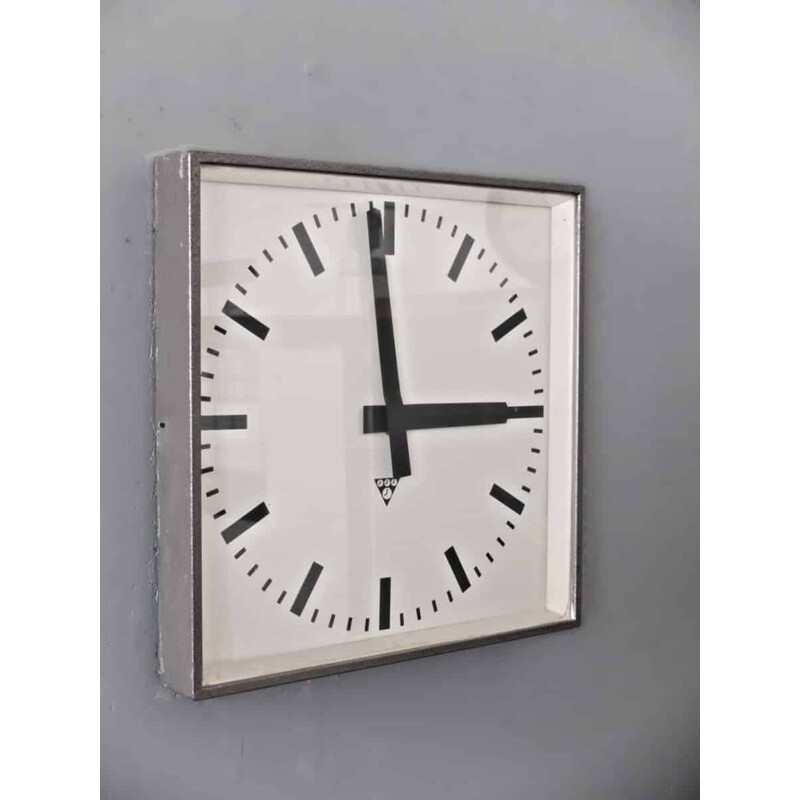 Square Czech Pragotron factory clock in metal and glass - 1960s