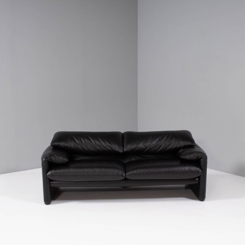 Canapé vintage Maralunga en cuir noir de Vico Magistretti pour Cassina, 1973