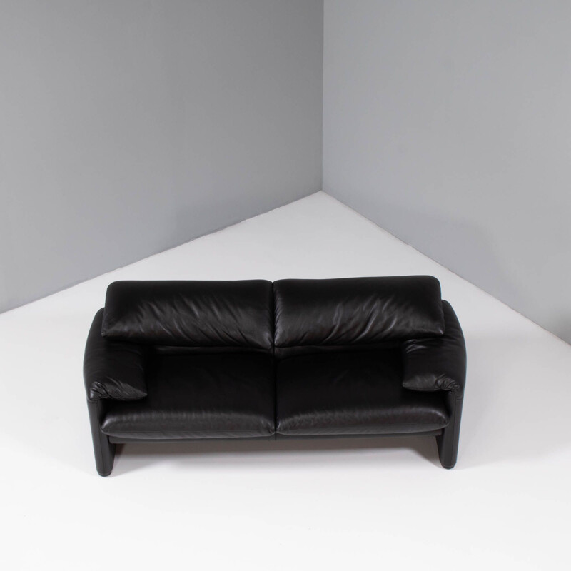 Canapé vintage Maralunga en cuir noir de Vico Magistretti pour Cassina, 1973