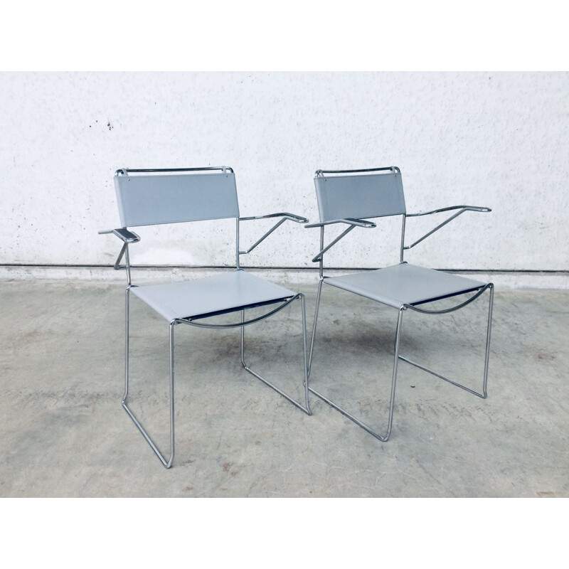 Pair of vintage chromed metal chairs with arms by Giandomenico Belotti for Alias, Italy 1980