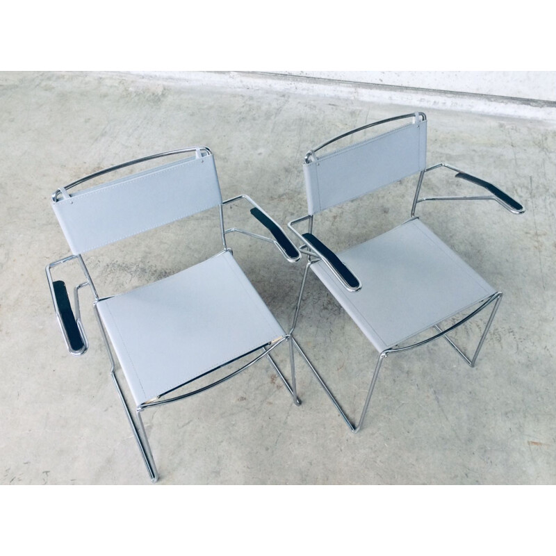 Pair of vintage chromed metal chairs with arms by Giandomenico Belotti for Alias, Italy 1980