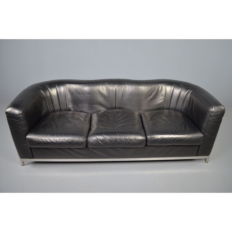 Vintage "Onda" 3-seater sofa in black leather by De Pas, D'Urbino & Lomazzi for Zanotta