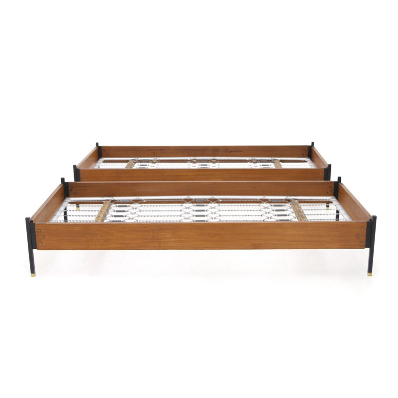 Pair of vintage teak, metal and brass beds by Giuseppe Brusadelli for GBL, 1950s