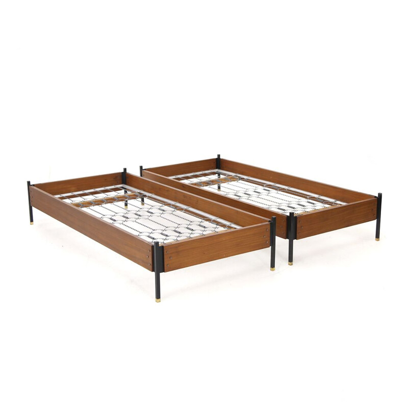 Pair of vintage teak, metal and brass beds by Giuseppe Brusadelli for GBL, 1950s